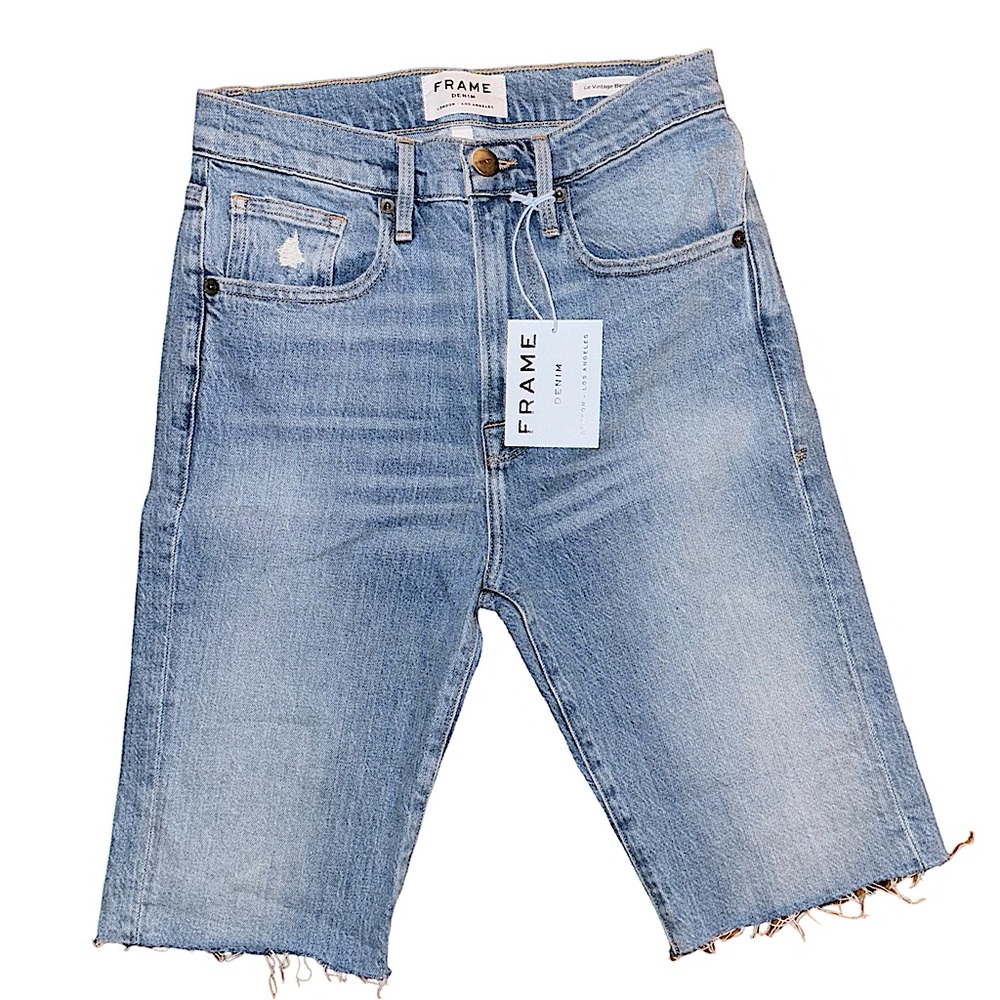 FRAME Le Vintage Bermuda Jean Short Raw Edge Miranda Sand Black Caviar